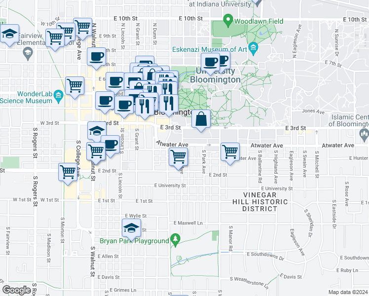 map of restaurants, bars, coffee shops, grocery stores, and more near 630 East 3rd Street in Bloomington
