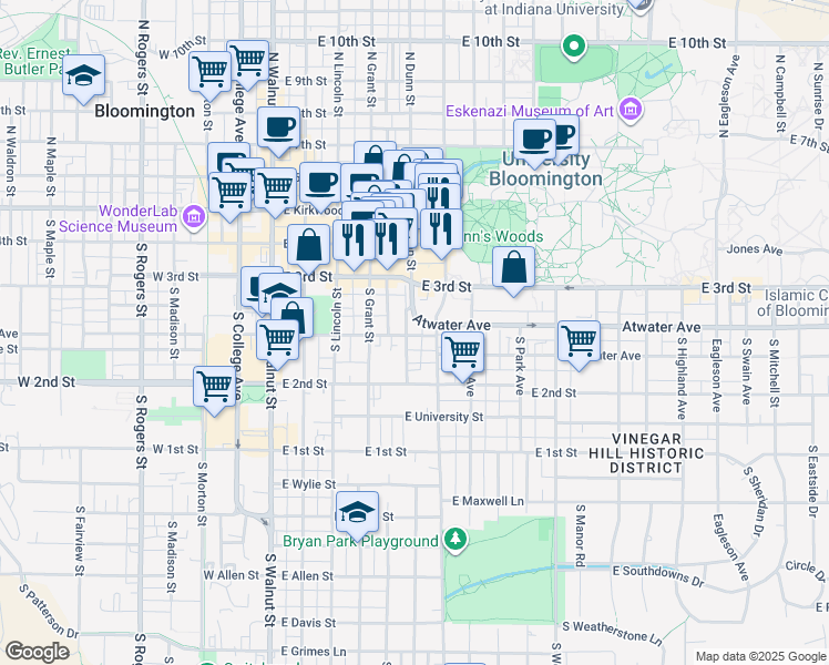 map of restaurants, bars, coffee shops, grocery stores, and more near 324 South Henderson Street in Bloomington
