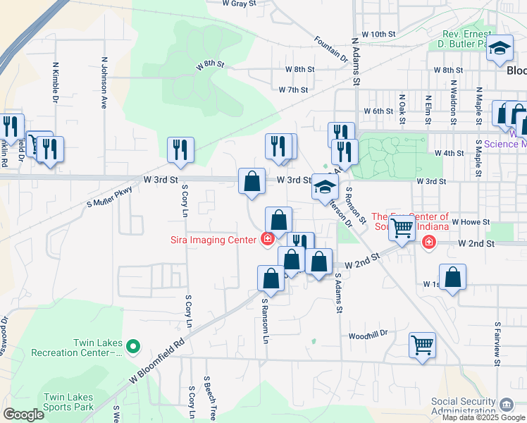map of restaurants, bars, coffee shops, grocery stores, and more near 345 South Landmark Avenue in Bloomington