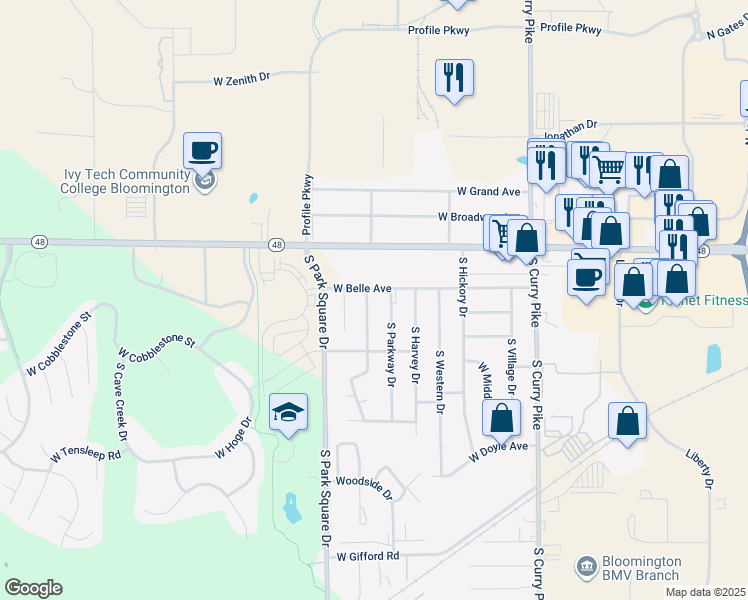 map of restaurants, bars, coffee shops, grocery stores, and more near 401 South Parkway Drive in Bloomington