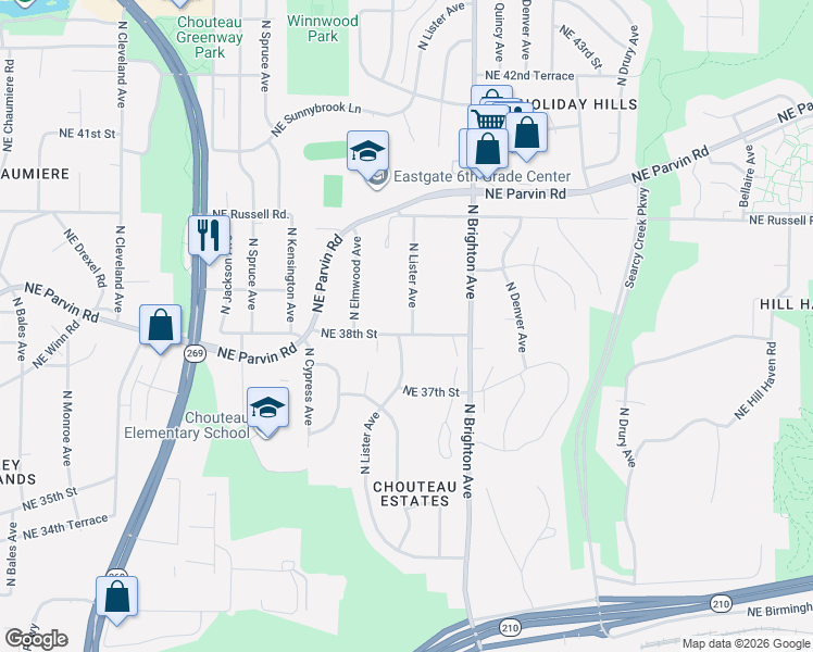 map of restaurants, bars, coffee shops, grocery stores, and more near 3816 North Lister Avenue in Kansas City