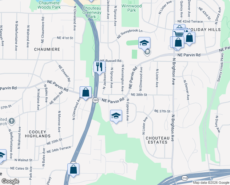 map of restaurants, bars, coffee shops, grocery stores, and more near 3817 North Spruce Avenue in Kansas City