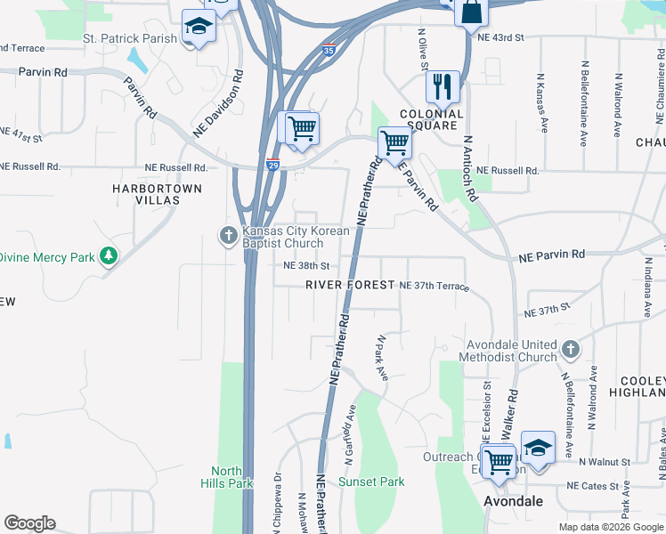 map of restaurants, bars, coffee shops, grocery stores, and more near 3814 North Garfield Avenue in Kansas City