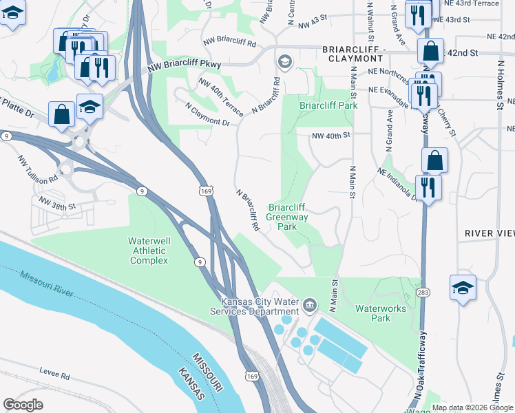 map of restaurants, bars, coffee shops, grocery stores, and more near 3749 North Briarcliff Road in Kansas City
