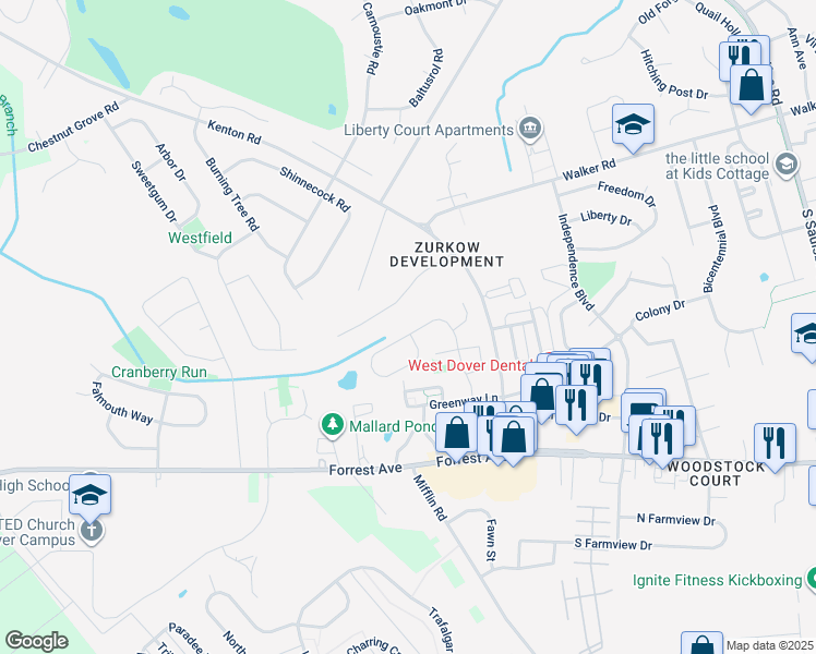 map of restaurants, bars, coffee shops, grocery stores, and more near 219 North Caroline Place in Dover