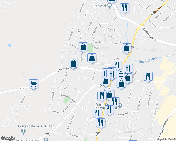 map of restaurants, bars, coffee shops, grocery stores, and more near 2205 Tower Avenue in Winchester