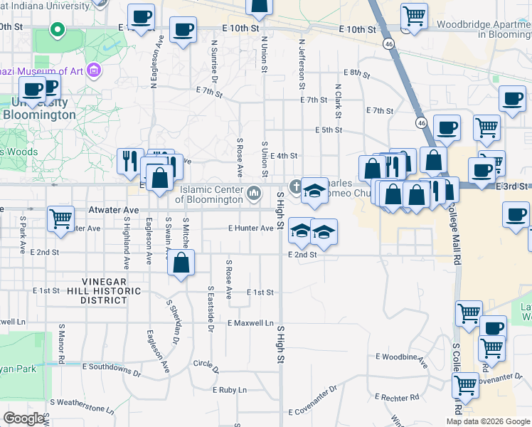 map of restaurants, bars, coffee shops, grocery stores, and more near 307 South Clifton Avenue in Bloomington