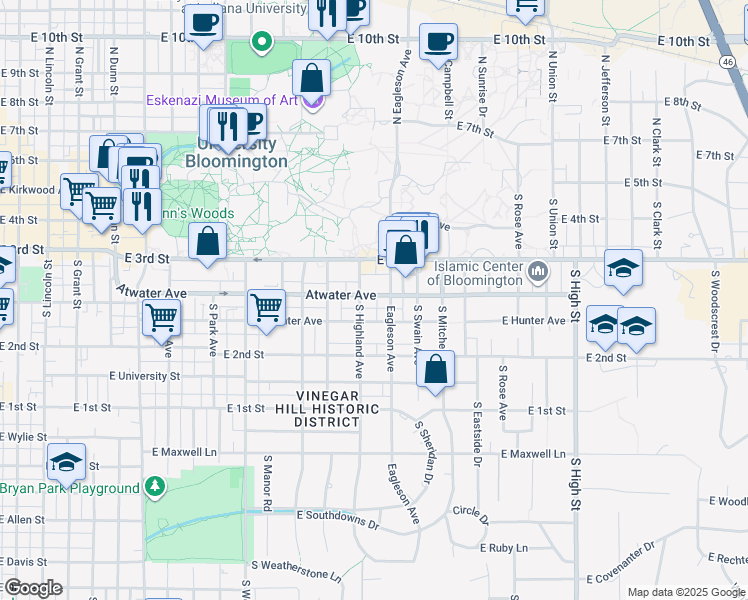 map of restaurants, bars, coffee shops, grocery stores, and more near 322 1/2 South Jordan Avenue in Bloomington