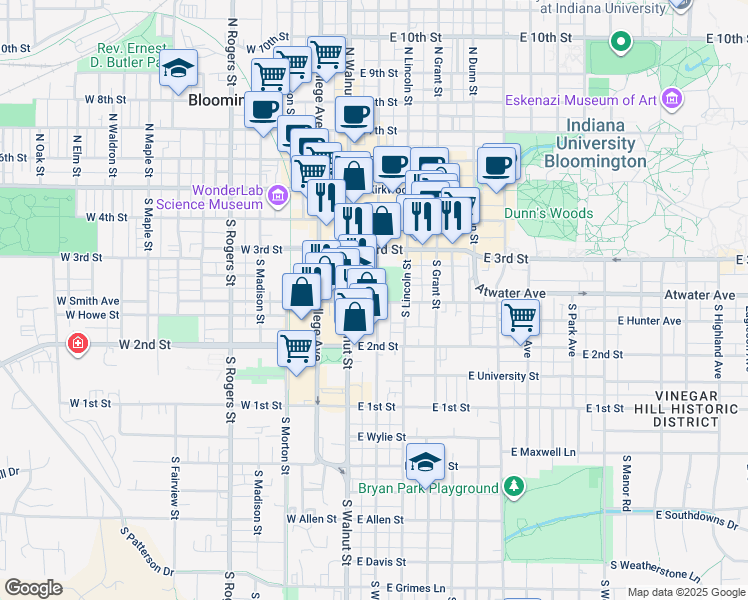 map of restaurants, bars, coffee shops, grocery stores, and more near 331 South Washington Street in Bloomington