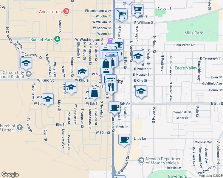 map of restaurants, bars, coffee shops, grocery stores, and more near 210 South Carson Street in Carson City