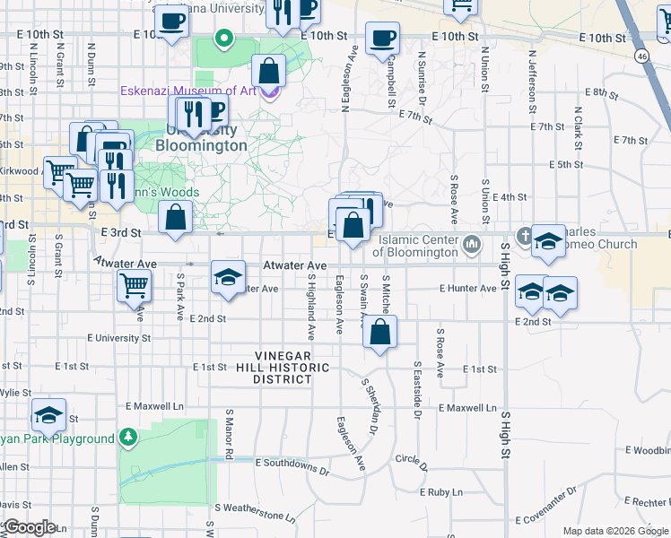 map of restaurants, bars, coffee shops, grocery stores, and more near 322 1/2 South Jordan Avenue in Bloomington