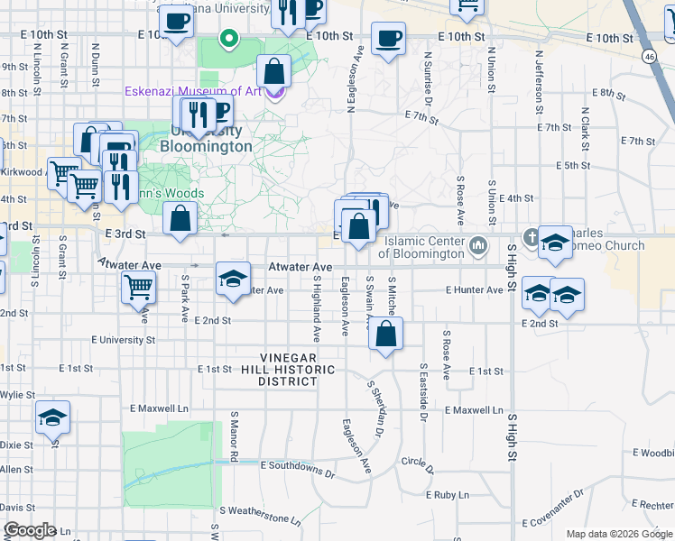 map of restaurants, bars, coffee shops, grocery stores, and more near 1314 Atwater Avenue in Bloomington