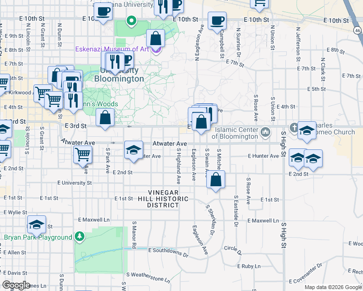 map of restaurants, bars, coffee shops, grocery stores, and more near 322 1/2 South Jordan Avenue in Bloomington