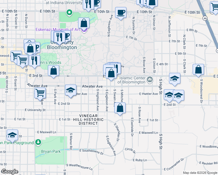 map of restaurants, bars, coffee shops, grocery stores, and more near 1500 East 3rd Street in Bloomington