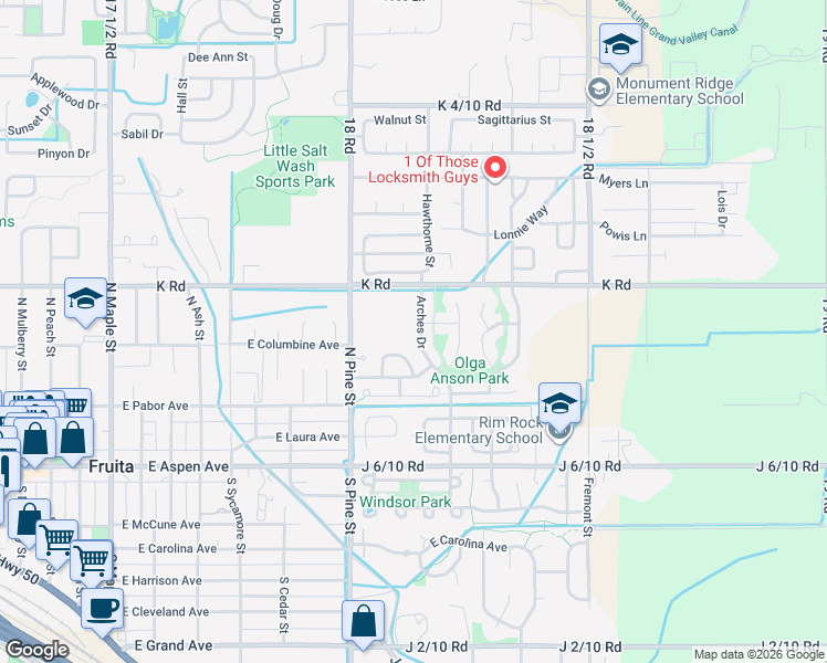 map of restaurants, bars, coffee shops, grocery stores, and more near 361 Arches Drive in Fruita