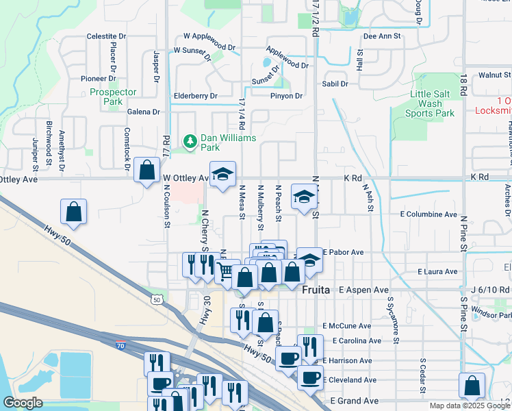 map of restaurants, bars, coffee shops, grocery stores, and more near 350 North Mesa Street in Fruita