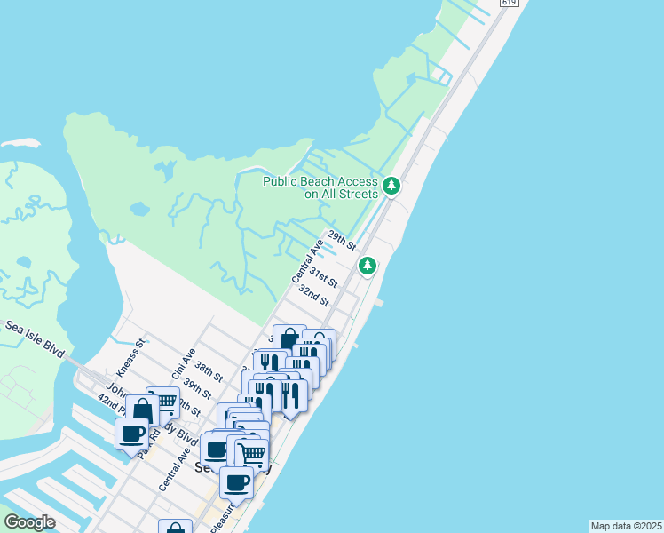 map of restaurants, bars, coffee shops, grocery stores, and more near 118 30th Street in Sea Isle City