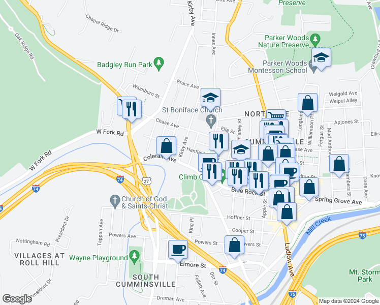 map of restaurants, bars, coffee shops, grocery stores, and more near 1763 Hanfield Street in Cincinnati