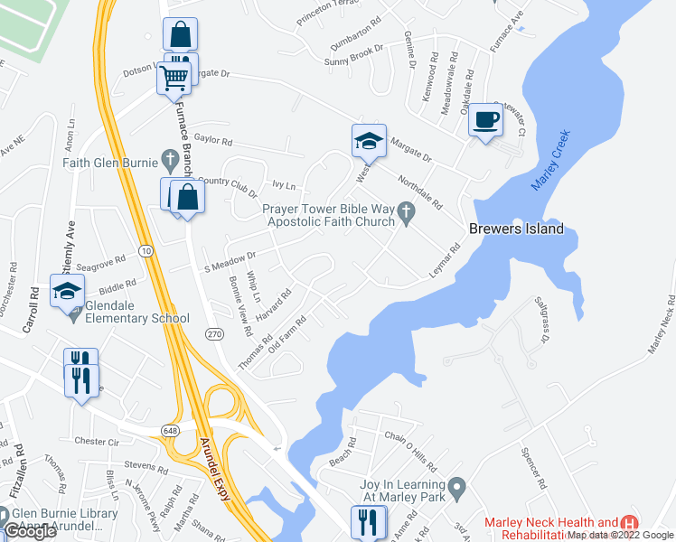 map of restaurants, bars, coffee shops, grocery stores, and more near 109 Thomas Road in Glen Burnie