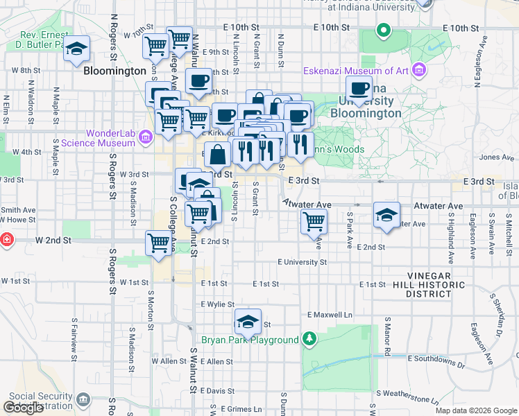 map of restaurants, bars, coffee shops, grocery stores, and more near 330 South Dunn Street in Bloomington