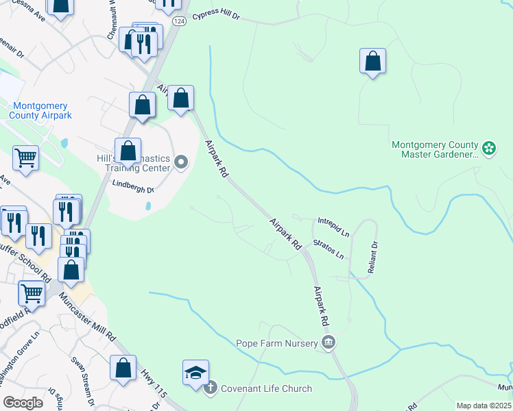 map of restaurants, bars, coffee shops, grocery stores, and more near Airpark Road in Montgomery County
