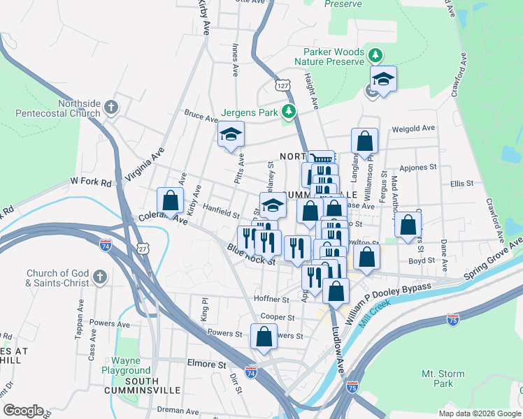 map of restaurants, bars, coffee shops, grocery stores, and more near 4200 Delaney Street in Cincinnati