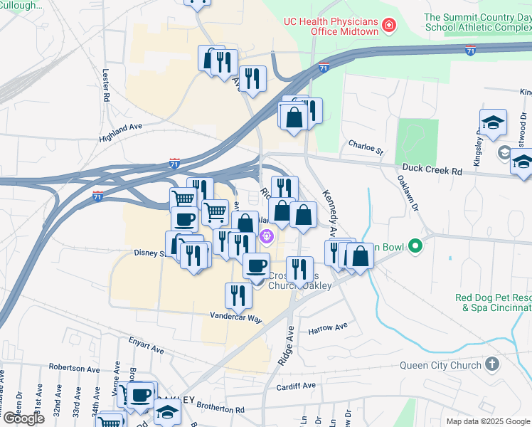 map of restaurants, bars, coffee shops, grocery stores, and more near 5029 Ridge Avenue in Cincinnati
