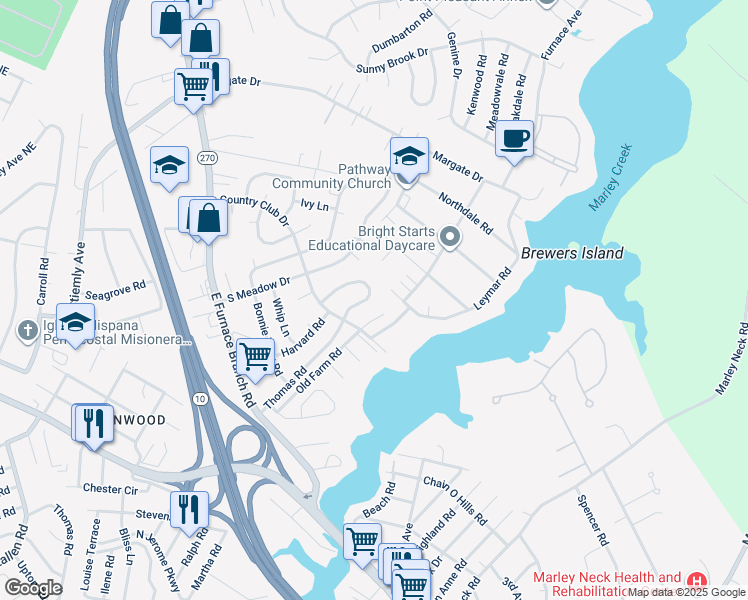 map of restaurants, bars, coffee shops, grocery stores, and more near 109 Thomas Road in Glen Burnie