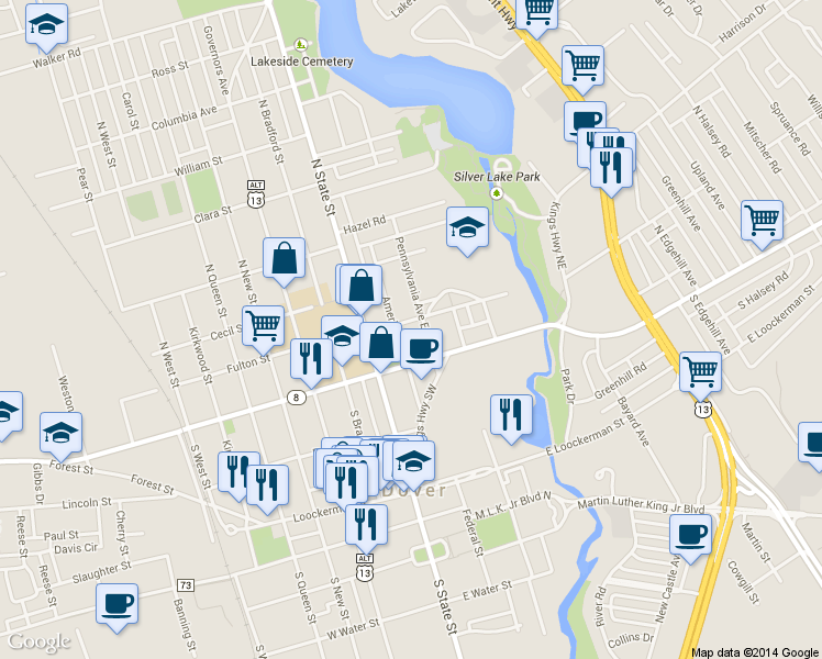 map of restaurants, bars, coffee shops, grocery stores, and more near 109 American Avenue in Dover