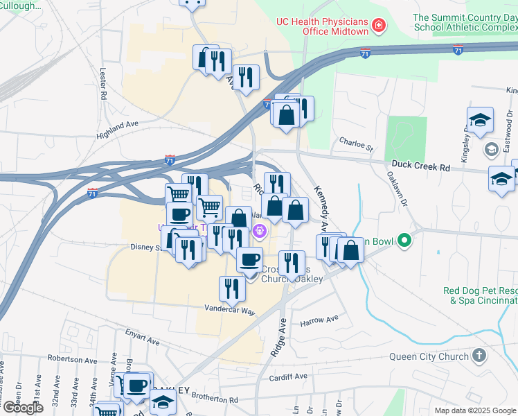 map of restaurants, bars, coffee shops, grocery stores, and more near 5029 Ridge Avenue in Cincinnati