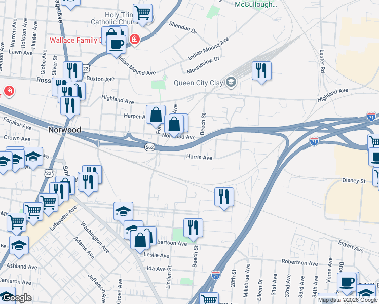 map of restaurants, bars, coffee shops, grocery stores, and more near 4819 Lloyd Avenue in Cincinnati