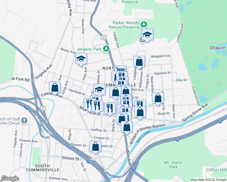 map of restaurants, bars, coffee shops, grocery stores, and more near 1636 Chase Avenue in Cincinnati