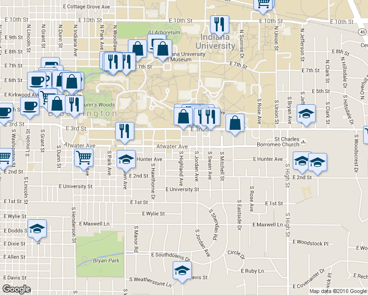 map of restaurants, bars, coffee shops, grocery stores, and more near 322 1/2 South Jordan Avenue in Bloomington