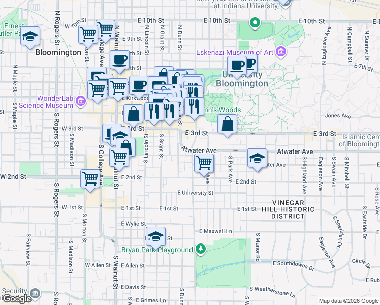 map of restaurants, bars, coffee shops, grocery stores, and more near 324 South Henderson Street in Bloomington