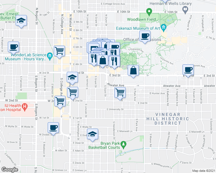 map of restaurants, bars, coffee shops, grocery stores, and more near 324 South Henderson Street in Bloomington