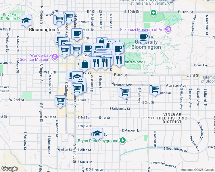 map of restaurants, bars, coffee shops, grocery stores, and more near 330 South Dunn Street in Bloomington