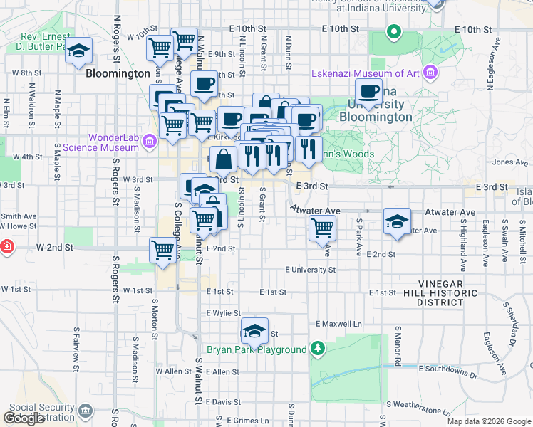 map of restaurants, bars, coffee shops, grocery stores, and more near 330 South Dunn Street in Bloomington