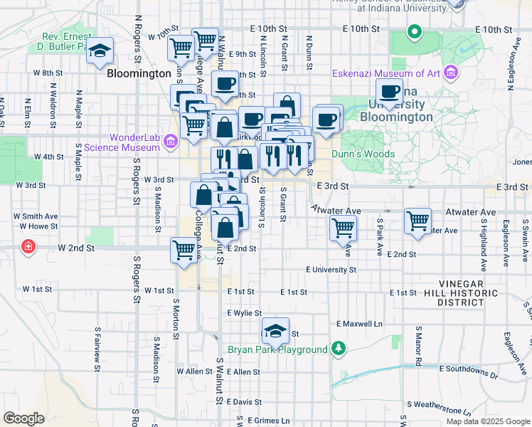 map of restaurants, bars, coffee shops, grocery stores, and more near 339 South Lincoln Street in Bloomington