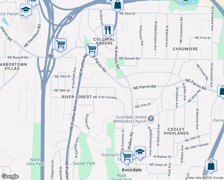 map of restaurants, bars, coffee shops, grocery stores, and more near 3800 North Prospect Avenue in Kansas City