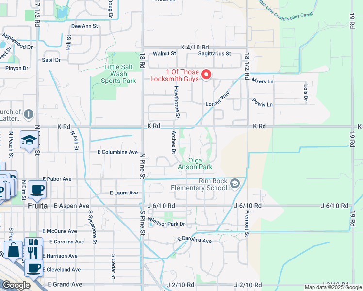 map of restaurants, bars, coffee shops, grocery stores, and more near 361 Arches Drive in Fruita