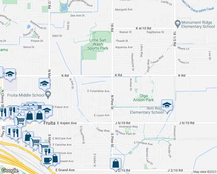 map of restaurants, bars, coffee shops, grocery stores, and more near 212 Javan Court in Fruita