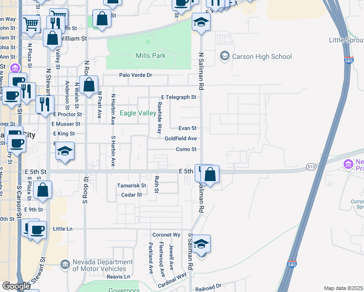 map of restaurants, bars, coffee shops, grocery stores, and more near 1516 Como Street in Carson City