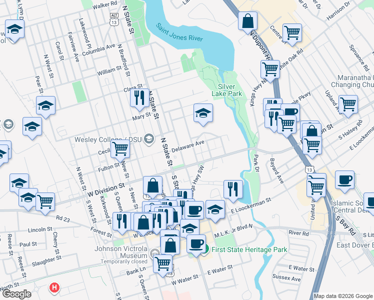 map of restaurants, bars, coffee shops, grocery stores, and more near 109 American Avenue in Dover