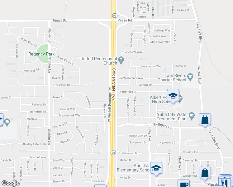 map of restaurants, bars, coffee shops, grocery stores, and more near 2199 East Onstott Road in Yuba City