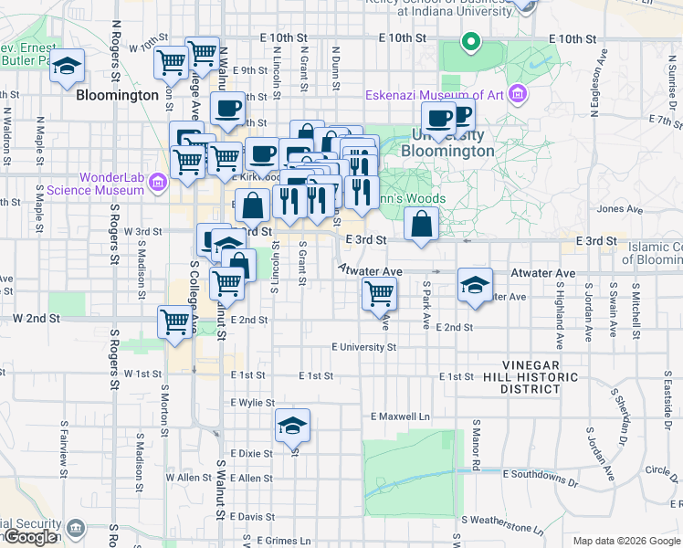 map of restaurants, bars, coffee shops, grocery stores, and more near 519 East Smith Avenue in Bloomington