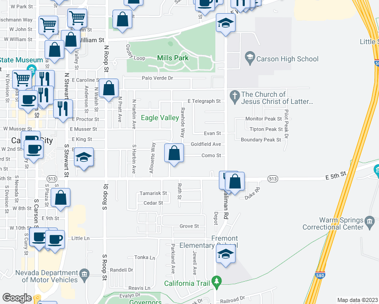 map of restaurants, bars, coffee shops, grocery stores, and more near 1408 Como Street in Carson City