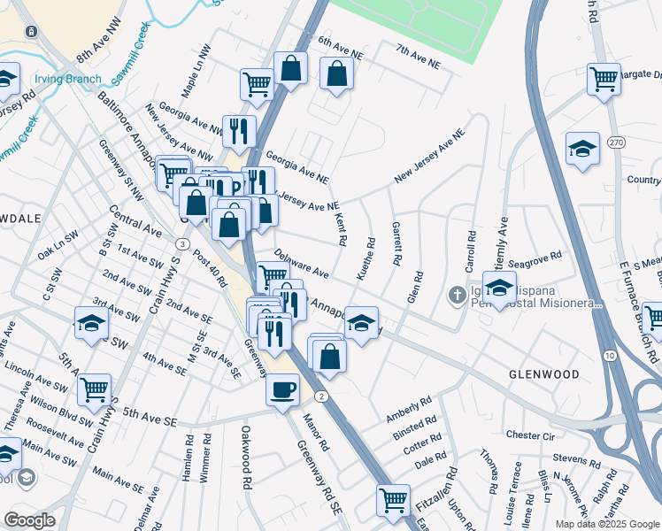 map of restaurants, bars, coffee shops, grocery stores, and more near 102 Kent Road in Glen Burnie