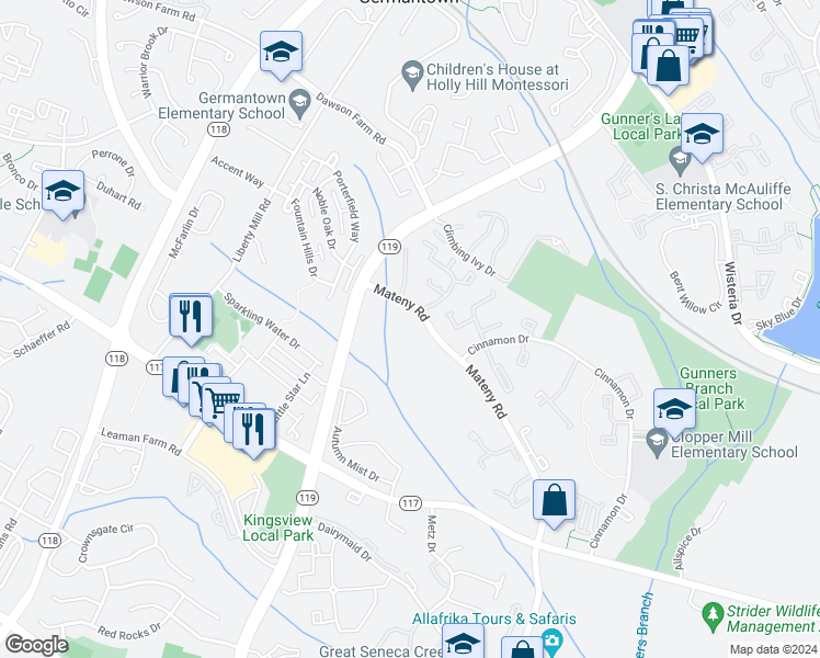 map of restaurants, bars, coffee shops, grocery stores, and more near 18835 Harmony Woods Lane in Germantown
