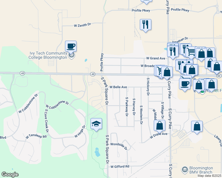 map of restaurants, bars, coffee shops, grocery stores, and more near 4611 West Belle Avenue in Bloomington