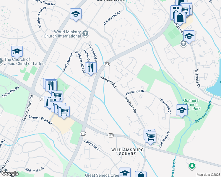 map of restaurants, bars, coffee shops, grocery stores, and more near 18835 Harmony Woods Lane in Germantown